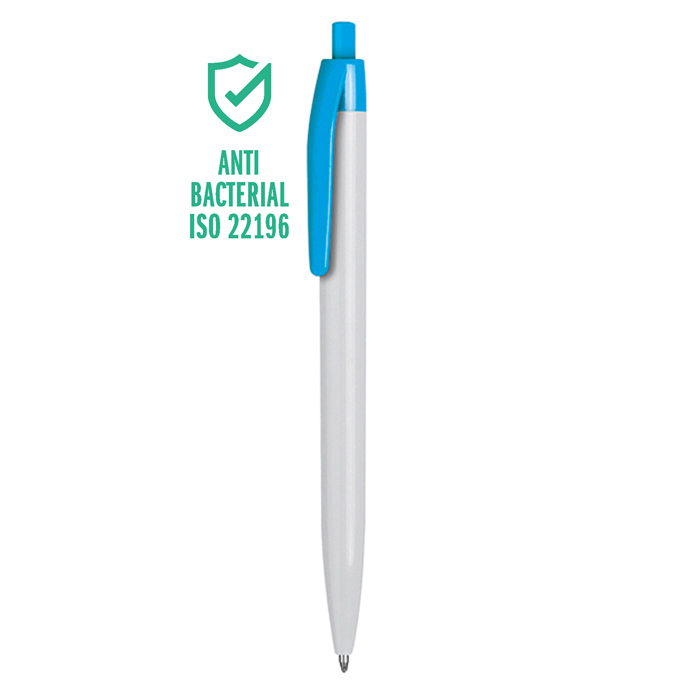 Penna in plastica personalizzabile colore Bianca cappuccio Azzurro